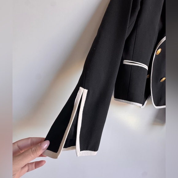 FRAME Contrast-Trim Double-Breasted Blazer Women 10 Black White Wool Sailor gold - Picture 8 of 16